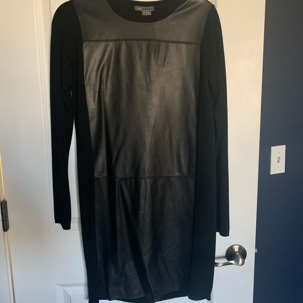 Vince long sleeve sweater dress with feax leather
